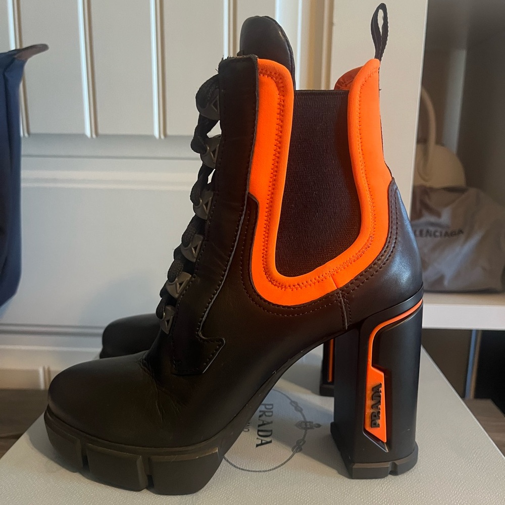 Prada Black/Orange Leather & Neoprene Lace Up Ankle Boots
